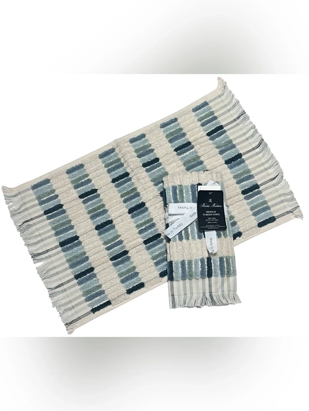 Brooks Brothers Premium Turkish Tip Towels Set of 2 Ocean Blue Tiles Fringe